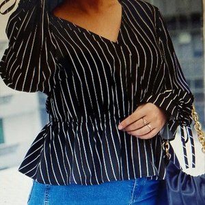 Plus Size Striped Knot Detail Flounce Sleeve Striped Blouse 2XL